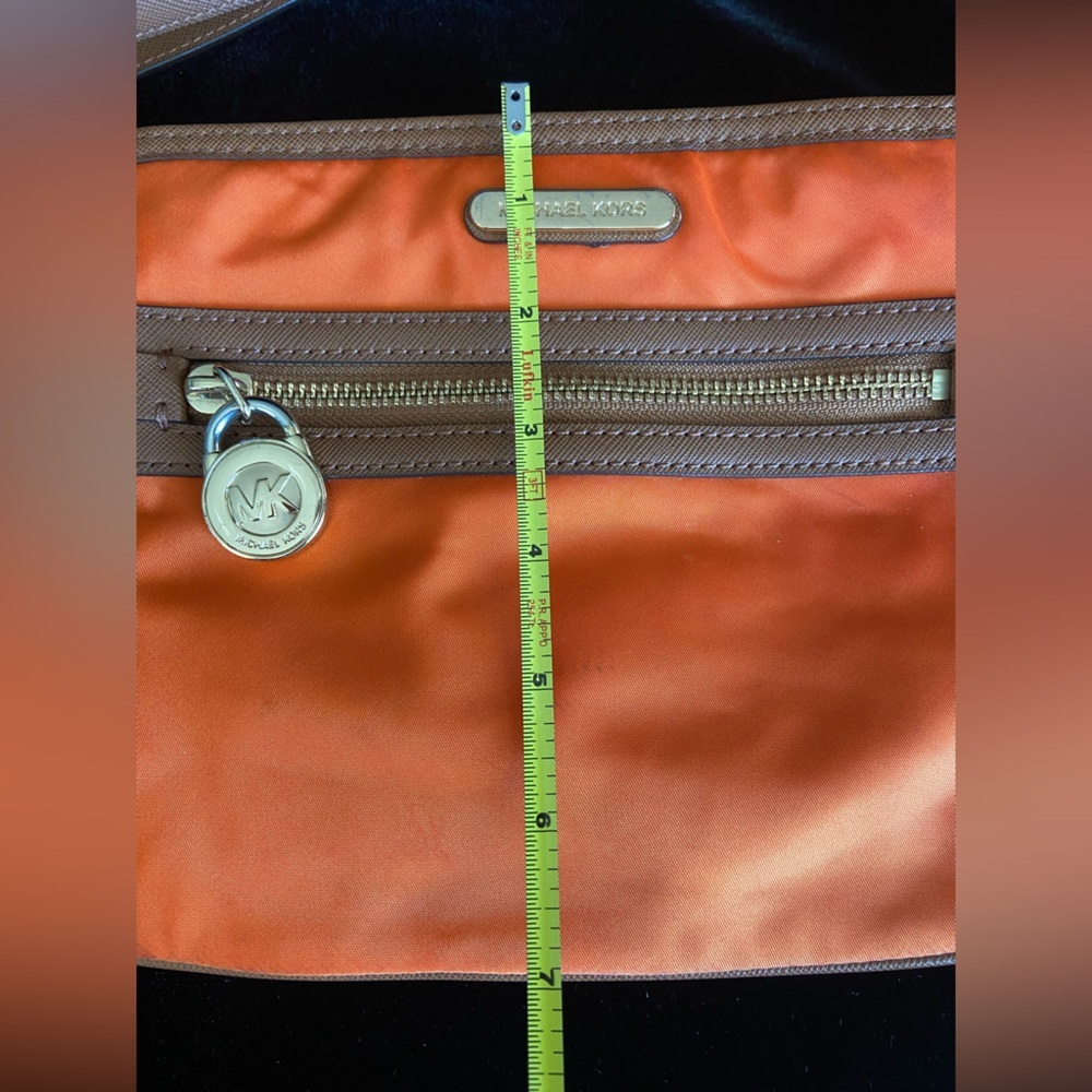 Michael Kors Kempton Orange Nylon British Tan Leather Pocket Crossbody Bag - Picture 13 of 14